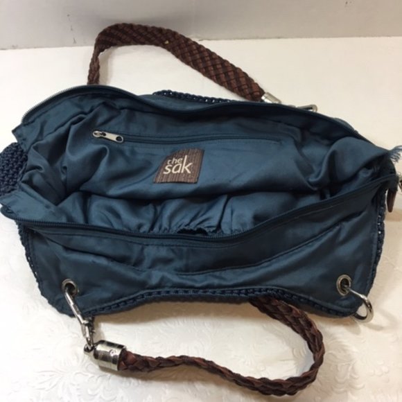 The SAK HOBO Navy Blue Crochet Shoulder Handbag Detachable Handles - Picture 9 of 14